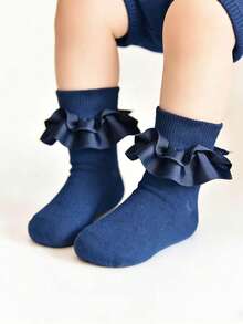 1 Pair Girls/Kids Ruched Floral Trim Ankle Socks, Princess Baby Socks - Navy Blue - View 2