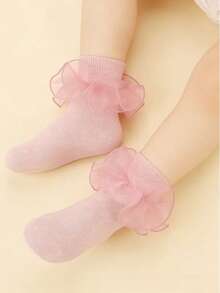 1 Pair Girls Princess Pink Ruched Floral Lace Trim Socks - Pink - View 3