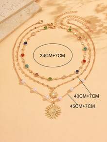 3pcs/Set Kalung Rantai Emas Elegan Modis Buatan Tangan dengan Batu Permata Kaca Warna-warni, Perhiasan Kalung Liontin Matahari Emas Serbaguna untuk Wanita, Cocok untuk Pemakaian Sehari-hari, Kencan, Makan Malam, Perjalanan & Liburan - MultiWarna - View 4