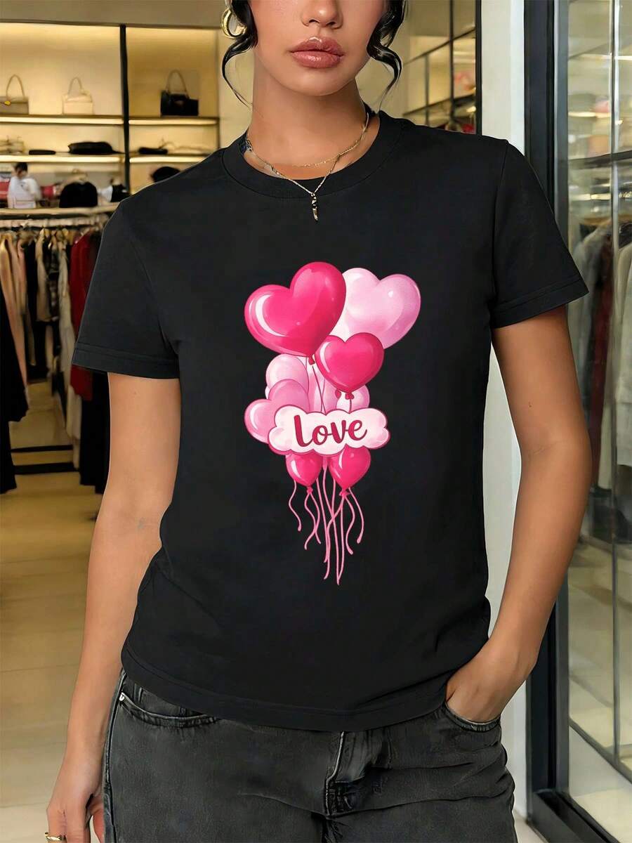 Maglietta da donna con palloncino a forma di cuore, scollo tondo, vestibilità comoda, stile street hip-hop, stampa artistica - nero - Visualizzare 1