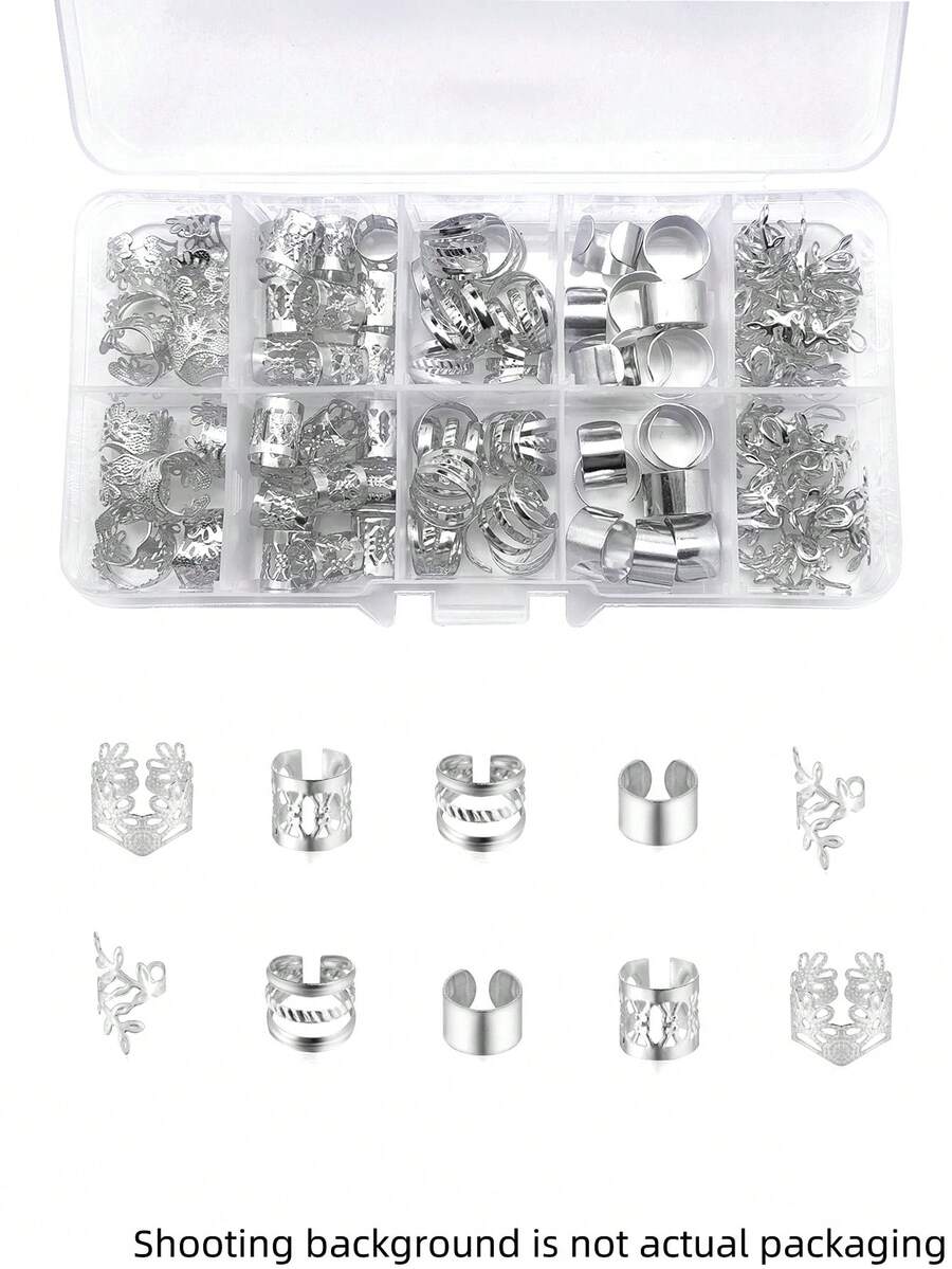 50pcs Multi-Shape Hair Rings - Versatile Adjustable Alloy Hair Cuffs, Bohemian Hair Jewelry For Girl's Dreadlocks & Braids(Without Box) - Silver - View 1