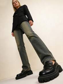 女士厚底黑色乐福鞋，时尚金属搭扣装饰，圆头休闲鞋，纯色复古百搭通勤鞋，增高厚底玛丽珍度假鞋 - 黑色 - 查看 7