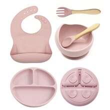 8pcs Baby Silicone Tableware Set, Feeding Utensils, Bib, Plate, Bowl, Straw Cup, Fork & Spoon, Teether, Ice Tray - Multicolor - View 9