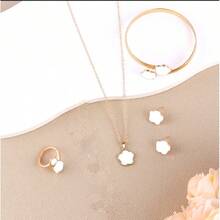 1件套韩式优雅五瓣花首饰套装，珐琅幸运花项链/耳环/手链/手镯/开口戒指，甜美女孩礼物 - 彩色 - 查看 27