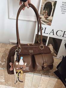 Faux Leather Solid Color Retro Multi-Pocket Large Capacity Women's Shoulder Bag, Comes With Accessory Charm (Accessory Charm May Vary Slightly By Batch) - Coffee - View 8