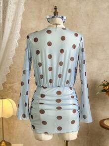 女士新款春夏泳衣罩衫，优雅性感复古黄色波点印花高领长袖网纱连衣裙，女士沙滩装，Y2K泳装，适合海滩度假、节日、派对、情人节、狂欢节等场合。 - 藍卡色 - 查看 4