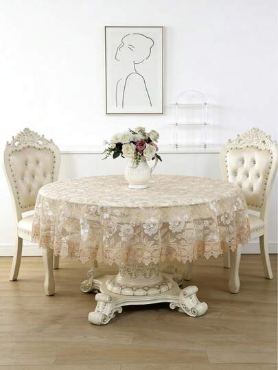 HXARTMIS 1件装优雅蕾丝刺绣花卉圆形桌布，也可作长方形桌布、长方形餐桌保护罩、方形桌布、刺绣边圆形桌布、圆形餐桌保护罩、装饰圆形桌布、塑料厨房桌布、刺绣边桌布，防污、易清洁、可重复使用、耐热、防滑保护桌布。适用于家庭、卧室、客厅、厨房、餐厅、户外等场所。