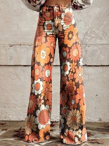 Women'S Retro Wide Leg Pants - Vibrant Multicolor Floral Print (Orange/Red/Yellow) - Structured Non-Stretch Fabric - Autumn Casual To Semi-Formal Trousers - Vintage 70s/80s Inspired Outfits - Non-Stretchy Pants For Women - Plus Size Friendly - Easy - 混合顏色 - 查看 1