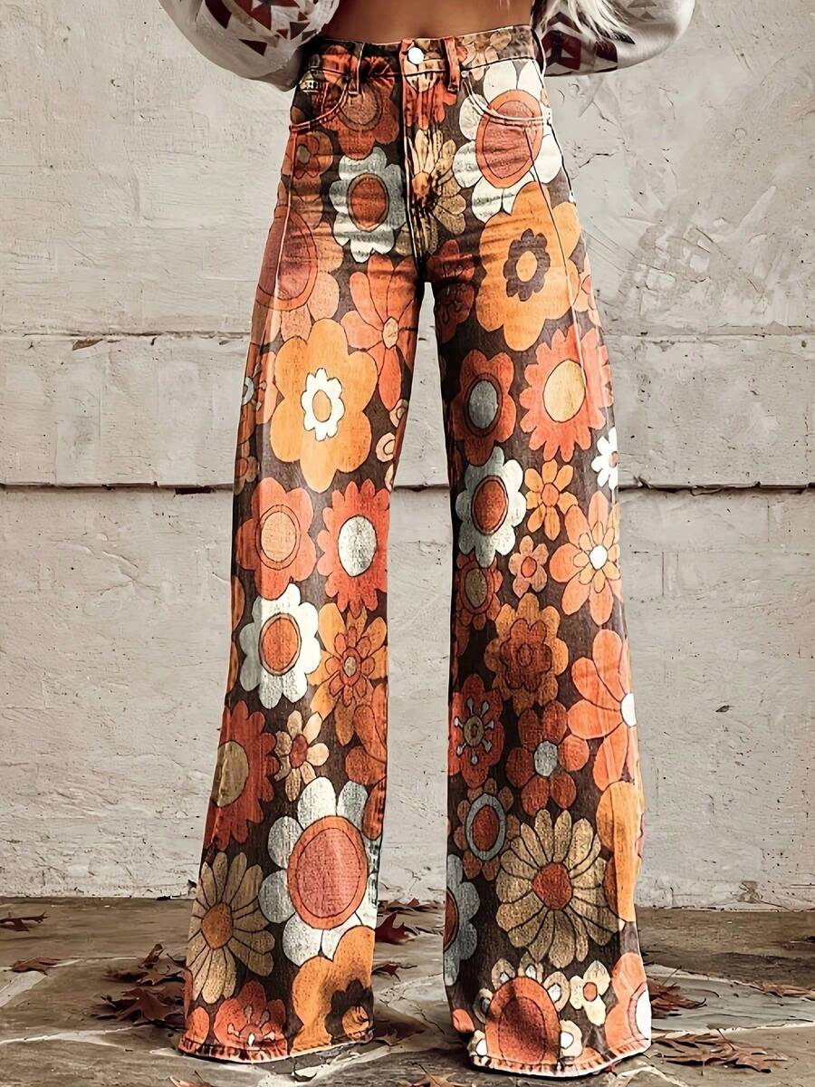 Women'S Retro Wide Leg Pants - Vibrant Multicolor Floral Print (Orange/Red/Yellow) - Structured Non-Stretch Fabric - Autumn Casual To Semi-Formal Trousers - Vintage 70s/80s Inspired Outfits - Non-Stretchy Pants For Women - Plus Size Friendly - Easy - 混合顏色 - 查看 1