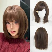 1顶时尚女士波波头假发，14英寸棕色短直发，带刘海，丝滑合成纤维，适合日常办公或上学佩戴 - Sakura Celebrations 魅力派对街头风摄影 - 女孩礼物假发配件 - 棕色 - 查看 9