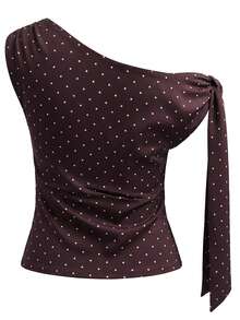 Women Tank Tops Off One Shoulder Sleeveless Dot Print Ruched Summer Crop Going Out Vest - Brown - View 5