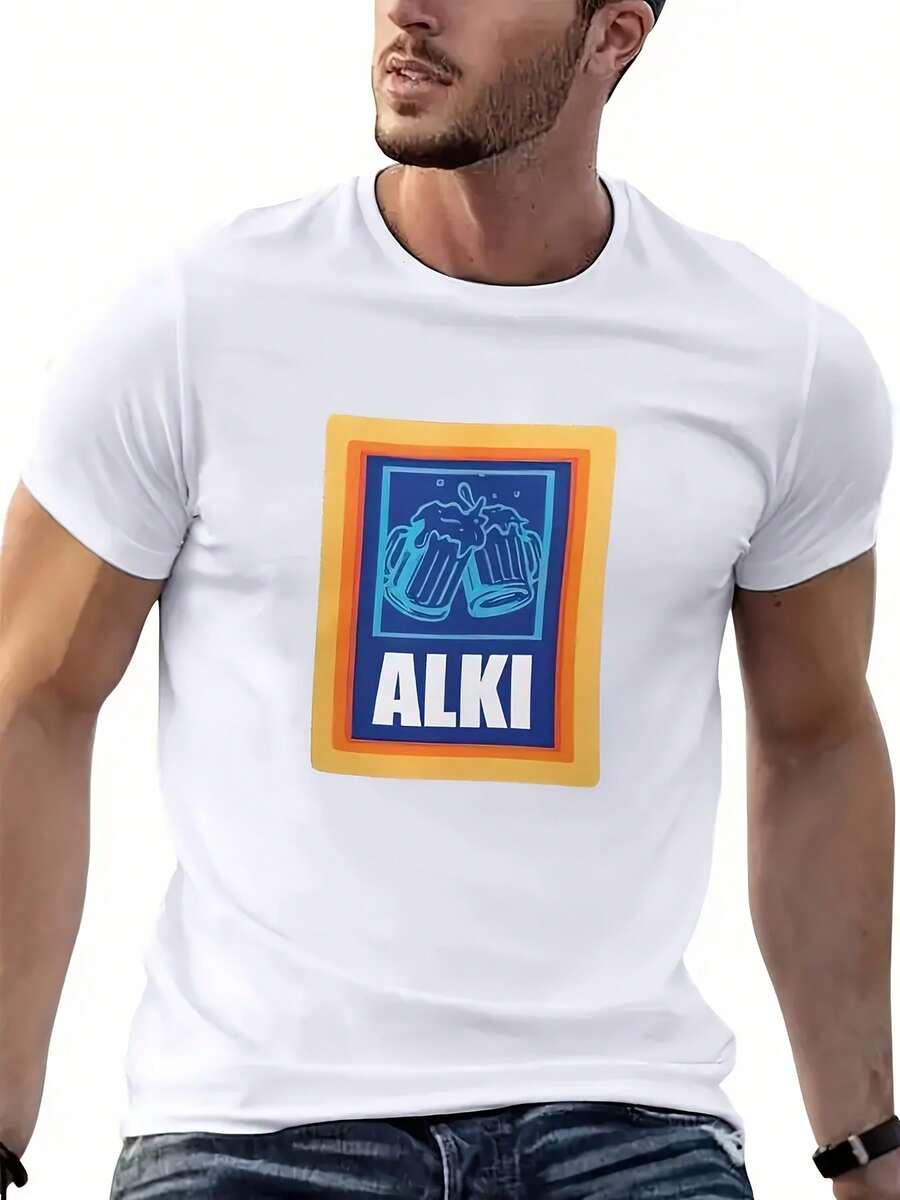 Unisex ALKI Beer Mug Graphic Print T-Shirt - 9 Street-Style Short-Sleeve Crew Neck Top, Suitable For Men And Women, Casual Wear For All Seasons |   Round-Neck T-Shirt | - 白色 - 查看 1