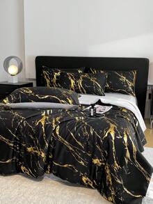 1件极简主义大理石纹箔水洗桑蚕丝轻盈透气柔软夏季被子，可机洗，适合卧室和客房四季使用（不含枕头和枕套） - 流金-墨黑 - 查看 4
