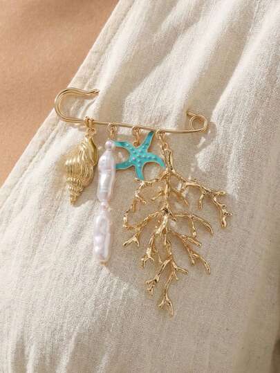 1件夸张珊瑚滴油海星巴洛克珍珠胸针，创意海洋元素裤夹