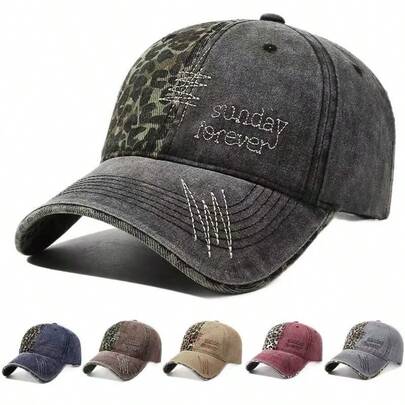 1pc Leopard Print Patchwork Washed Baseball Cap, Vintage Embroidered Versatile Outdoor Sun Hat Unisex