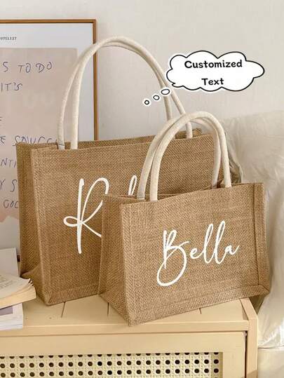 Personalized Bridesmaid Bag And Pendant, Personalized Burlap Bag, Custom Name Burlap Tote Bag, Burlap Handbag, Bridesmaid Gift Bag, Bachelorette Party Bag, Beach Bag, Gift Bag, Bridal Party Bag, Burlap Tote Bag With Name, Beach Tote Bag With Single Letter Monogram, Ideal Gift For Her Friends, Ladies, Newbies And Office Workers For Anniversary, Christmas, Fall, Holiday/Vacation, Outdoor/Outing/Travel/Hiking/Sports/Climbing