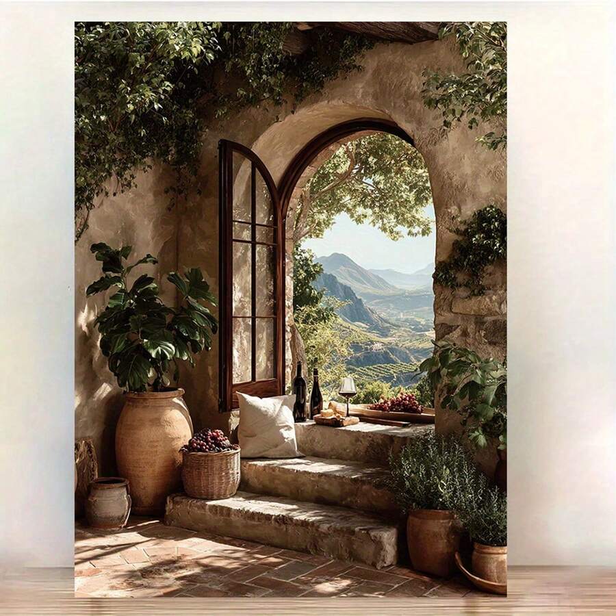 1pc Framed Canvas Painting - Ready-To-Hang Tuscan Vineyard Window Scene With Arch Window - Rustic Italian Countryside Landscape Wall Art Poster - Kitchen & Dining Room Decor - 12x16 Inch (30x40cm) - Vintage European Farmhouse Decor - Mediterranean Villa Living Space Decoration, Realistic Plant Details, 2D Flat, Perfect For Room Decor - No Frame - View 1