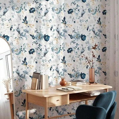 Blue Garden Wallpaper With Birds - Removable Self-Adhesive Watercolor Floral Wallpaper - Peel And Stick Or Pre-Pasted,
