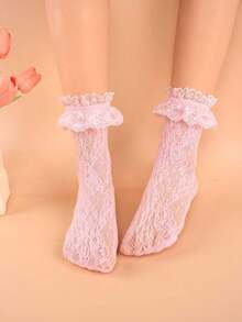 1 Pair Lace Top Mid-Calf Socks For Women, Cute Big Lace Trim, Stretchy Hollow Mesh Lolita Style Kawaii Socks - 粉色 - 查看 7