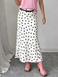 Women's Polka Dot Satin Maxi Skirt, Spring Summer Elastic High Waisted Elegant Flowy A-Line Long Skirt - White - View 7