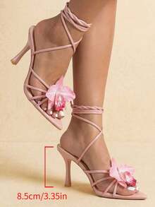 planare Giày sandal cao gót nữ mùa hè màu hồng họa tiết hoa 3D mới - Mũi nhọn, quai buộc bằng da PU, kiểu dáng thanh lịch, sandal cao gót thấp phong cách nghỉ dưỡng cho nữ, sandal thời trang. - Hồng - Xem 10