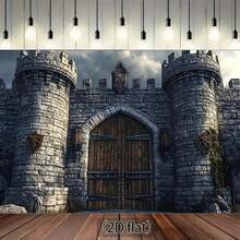 1pc 2D Flat Stone Castle Walls Wooden Medieval Door Coat Of Arms. Suitable Halloween Or Medieval Themed Party Decor. Photography Prop Background Fabric Multiple Sizes To Choose From - 多色 - 查看 2
