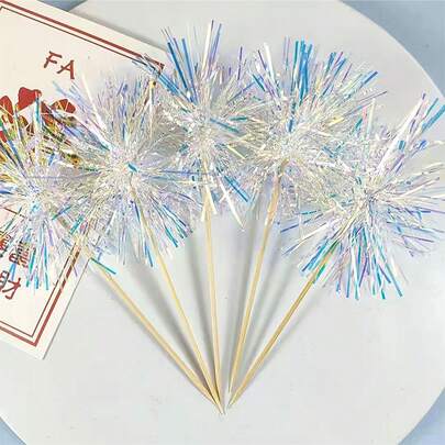 5pcs/Set Iridescent Firework Cake Topper, Shiny Ribbon Cake Decor, Cocktail Drink Picks, Party Baking Decorations Suitable For Birthday, Wedding And Graduation