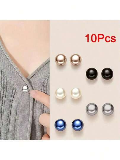 10颗珍珠质感塑料按扣 - 无需缝纫，可调节，亮面球形海军蓝/黑色/白色/米色装饰纽扣，适用于衬衫、连衣裙、外套、上衣 - 耐用易用（10颗），时尚亮片纽扣，优雅扁平纽扣，适用于开衫和大衣