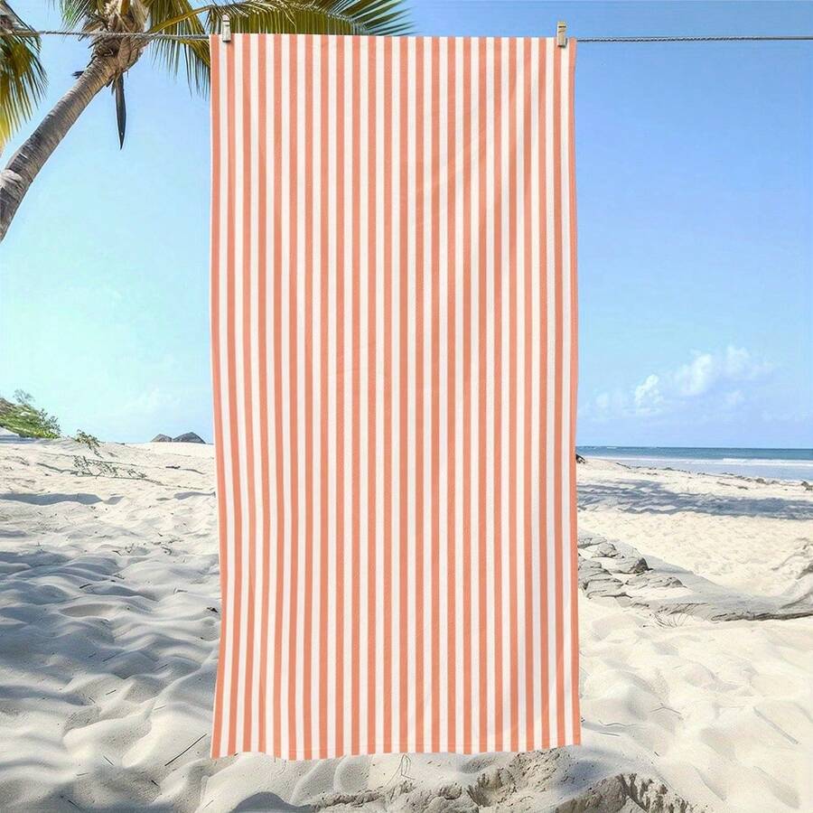 1pc Vibrant Orange And White Striped Beach Towel For Sunny Days At The Beach! - 沙灘巾 - 查看 1