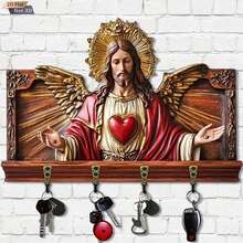 2026Key Holder Wall Wooden 2D Flat Jesus Hanger With 4 Hooks Religious Hanging Decor Entryway Living Room Home - Nhiều màu - Xem 4