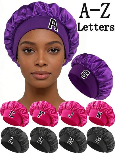 3Pcs Unisex Bonnet Hat Customized A-Z Letters Satin Sleep Bonnet,Soft Comfortable Sleeping Bonnet,Elastic Wide-Brim Silky Sleeping Cap For Hair Protection, Satin Hair Bonnets, Soft Elastic Band Silk Sleep Cap, Silk Hair Wrap For Curly Hair Sleep BonnetMake Up Washing Face Daily Use,Shower Cap For Daily