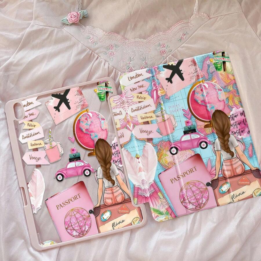 This Exquisite And Adorable Cartoon Airplane Travel Letter Double-Sided Acrylic Crystal Clear Back Cover Is Shock-Resistant And Durable, Suitable For IPad 7th, 8th And 10th Generation (10.2 Inch). It Has A Built-In Pen Slot, Supports Sleep/Wake Function, And Is An Ideal Gift Choice. - Multicolor - View 1