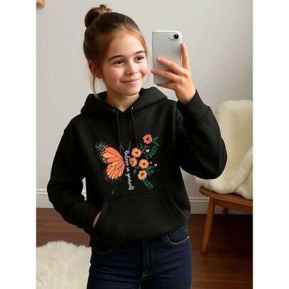 Moletom Infantil Algodão Blusa de Frio Canguru Casual Blusão com Capuz Borboleta Moda Kids