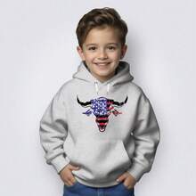 Kids' Kangaroo Hoodie Sweatshirt With Bull Print - USA Agro Country Shopping - 24-Hour Shipping - 灰色 - 查看 2