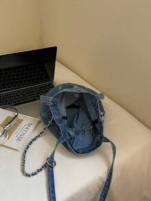 新款雏菊刺绣牛仔布水桶包，大容量链条单肩斜挎包，休闲通勤手提包 - 淺藍色 - 查看 9