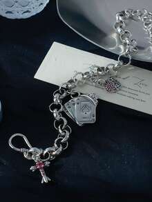 1pc Elegant Red Zirconia Heart Pendant & Crown Charm Bracelet, Suitable For Women's Daily Wear - Bracelet - View 7