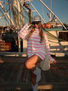 Mejors 女士 Y2K 风格可爱两件套，条纹长袖针织衫上衣和抽绳短裤，适合旅行和日常休闲穿着，春秋季，粉色条纹 - 粉色 - 查看 5