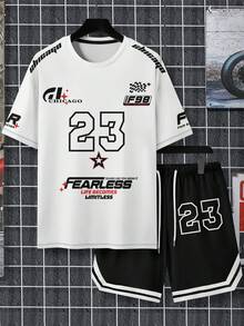 2pcs/Set Men's Letter Print Short Sleeve T-Shirt And Shorts - White - View 3