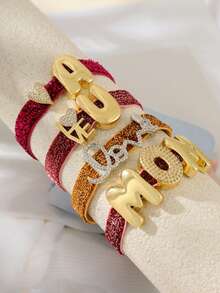 1pc Elegant Deep Pink Copper-Plated Zirconia Letter "A MOM U" Heart-Shaped Sequin Elastic Bracelet, Suitable For Mother's Day, Festivals Or Daily Wear, Thoughtfully Designed Mother's Day Jewelry Gift For Mom And Sisters - Multicolor - View 3