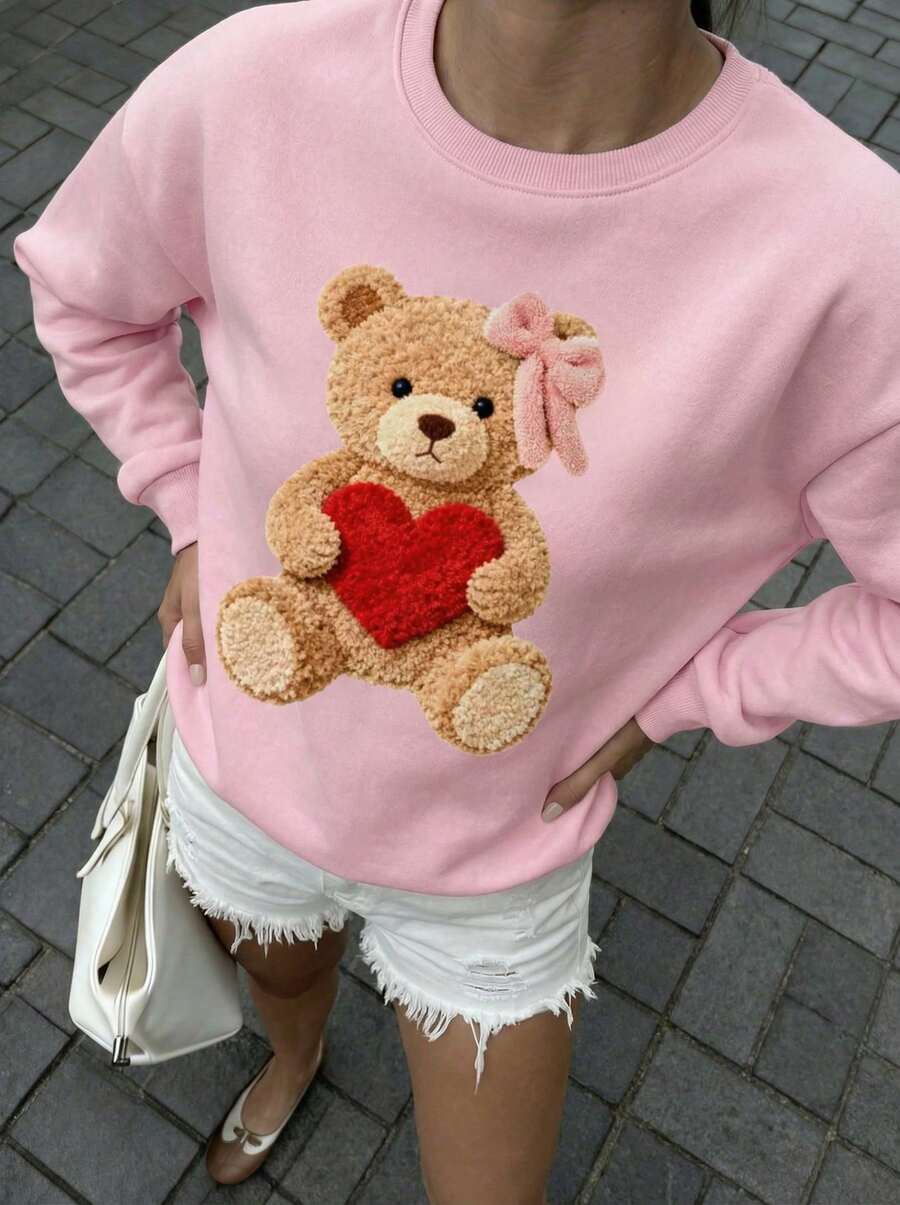 Buzzelle Conjunto de ropa de San Valentín con gráficos de corazón y oso para mujer, sudadera de cuello redondo de ajuste holgado y manga larga - Multicolor - Ver 1