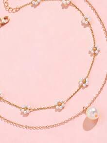 2pcs Delicate Minimalist Golden Flower Necklace, Fashionable Elegant Faux Pearl Pendant Necklace Suitable For Daily Wear And Party - Multicolor - View 2