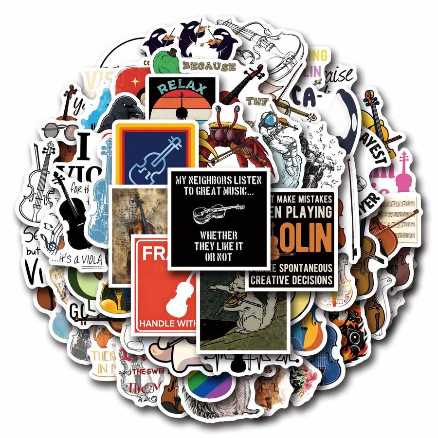 60pcs Violin Vinyl Stickers, Beautiful And Practical, Suitable For Scrapbooks, Diaries, Bumpers, Skateboards, Water Bottles, Helmets, Water Cups, Car Stickers, Etc. - Random - View 1