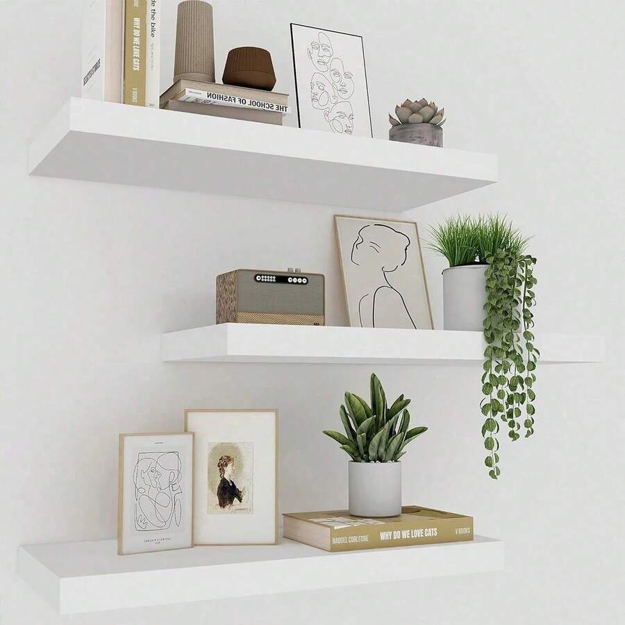 1pc Wall Mounted Floating Shelf, One-Piece Partition Shelf, No Drilling Required, Wall Decor Rack For Living Room & Dining Room, TV Wall Storage Organizer - White - View 1