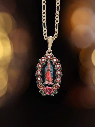 1件男女通用14K镀金宗教肖像吊坠项链 | 椭圆形玫瑰设计，饰以彩色珐琅和合成锆石，经久耐用的金色，是生日、周年纪念日和特殊场合的优雅配饰