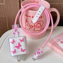 5pcs Hot Pink Butterfly Print 20W/18W Phone Charger Set, Charging Cable Protector, Charging Head Cover, Compatible With IPhone 11 12 13 14 15 16 17 - Hot Pink - View 2