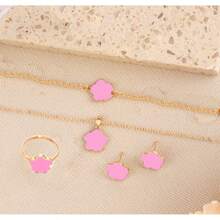 1件套韩式优雅五瓣花首饰套装，珐琅幸运花项链/耳环/手链/手镯/开口戒指，甜美女孩礼物 - 彩色 - 查看 19