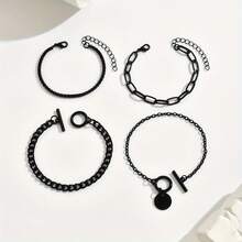 4pcs/Set Minimalist Fashion Black Chain OT Clasp Layered Bracelet Set, Suitable For Women's Daily Autumn And Winter Outfits - Multicolor - View 6