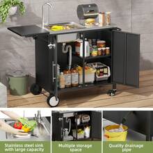 Outdoor Grill Table With Sink Metal Worktable Kitchen Cabinet Island With Foldable Top And Storage Cabinet Rolling Grill Cart With Wheels For Garden Backyard And Lawn - Black1 - View 7