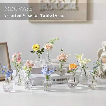 10 pièces/set Ensemble de vases en verre de style bohème , Vases mini rustiques, convient pour la décoration de table de mariage, de la maison et du restaurant, bouteilles de décoration de Noël, petits vases en verre vintage, bougeoirs, décoration de table, élégants vases en bouton transparent pour fleurs, décoration de mariage, décoration de la maison, décoration de chambre à coucher, décoration de pièce