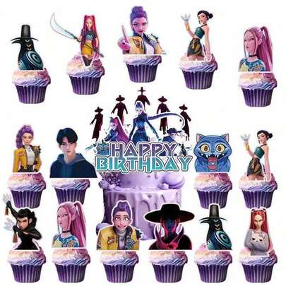 一套25个恶魔主题生日蛋糕装饰旗，蓝紫色渐变，霓虹彩色旗帜，生日蛋糕装饰。适合作为送给亲朋好友的生日礼物，或作为自己的收藏品。桌面摆件套装（款式随机）。